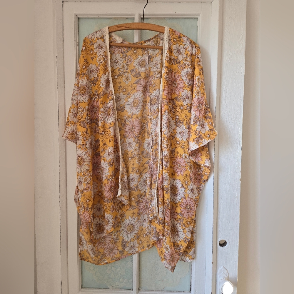 Maurices Floral Yellow Pink Kimono Wrap